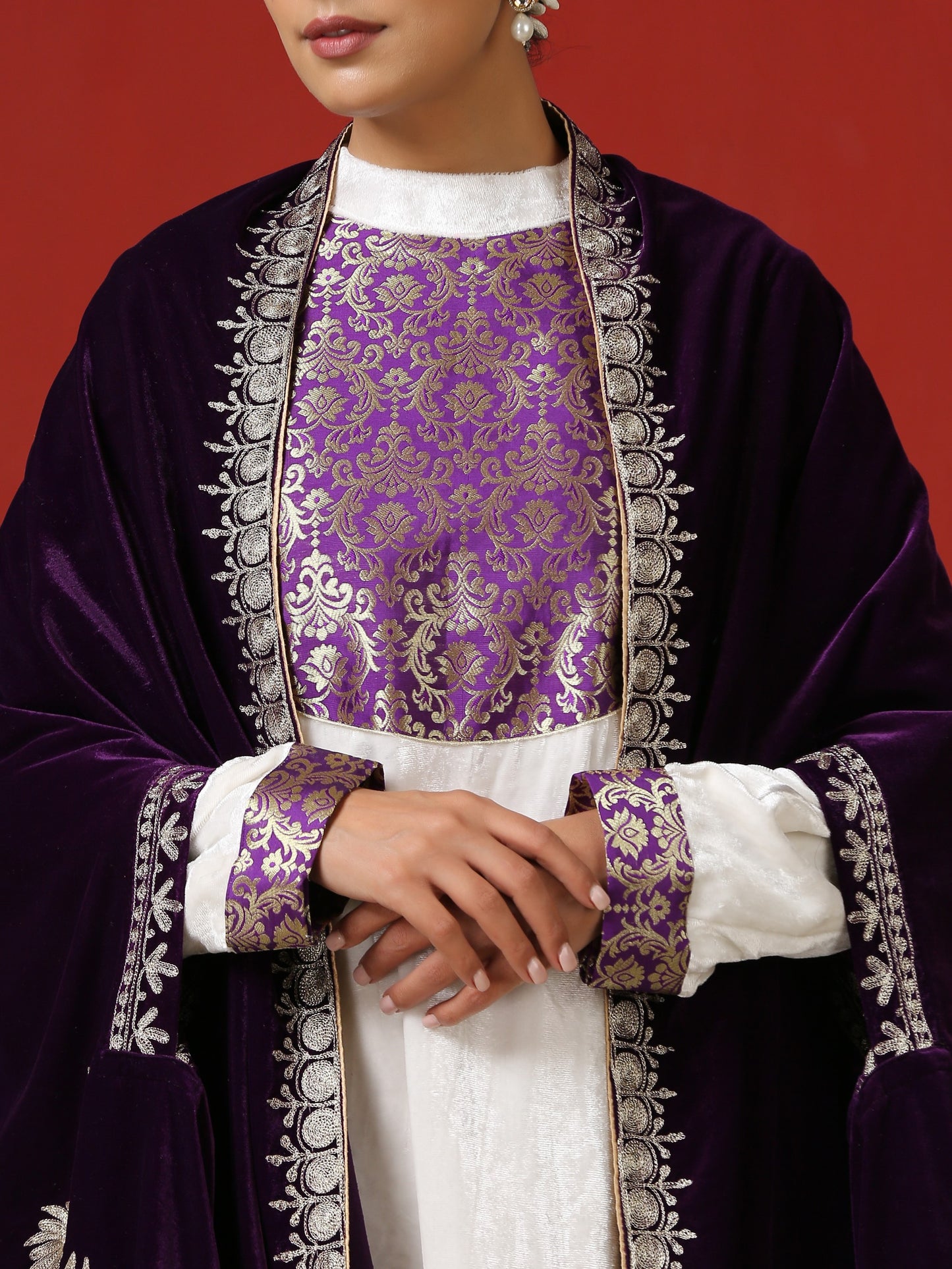 Makhmal White Dress with Purple Cape