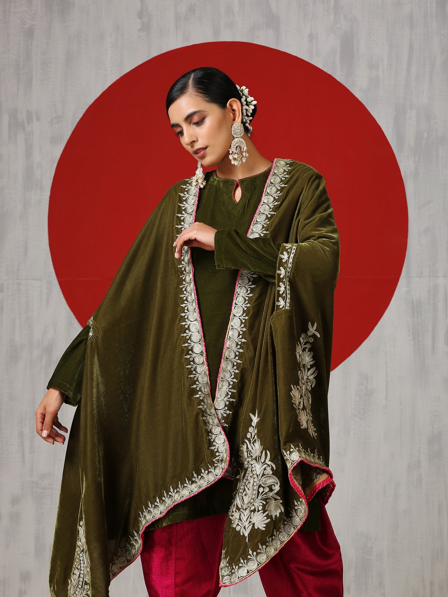 Makhmal Green Cape Dress