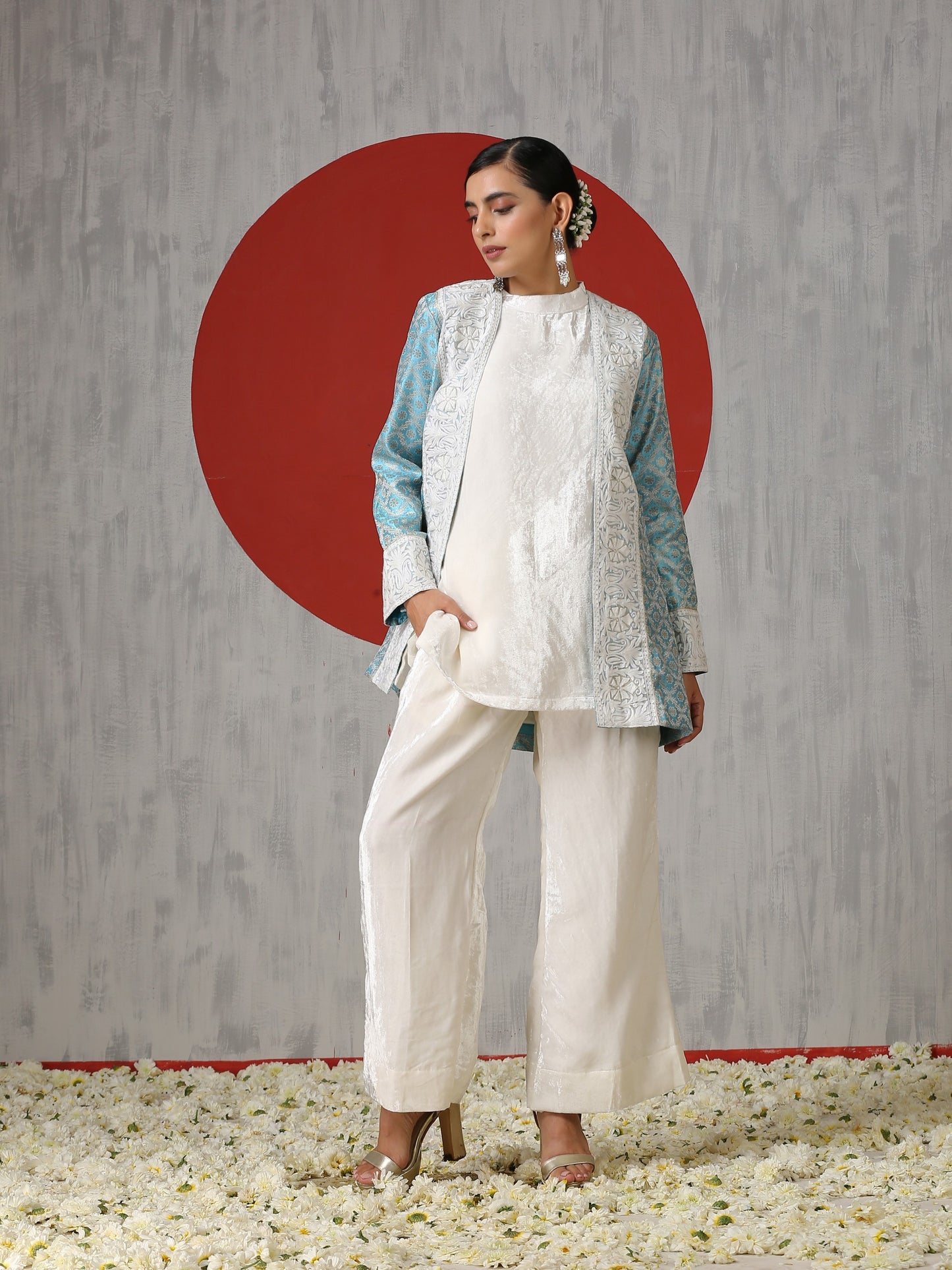 Makhmal White Co-ord with Brocade Jacket