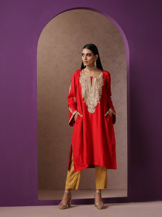 Jashn Silk Red Pheran Set