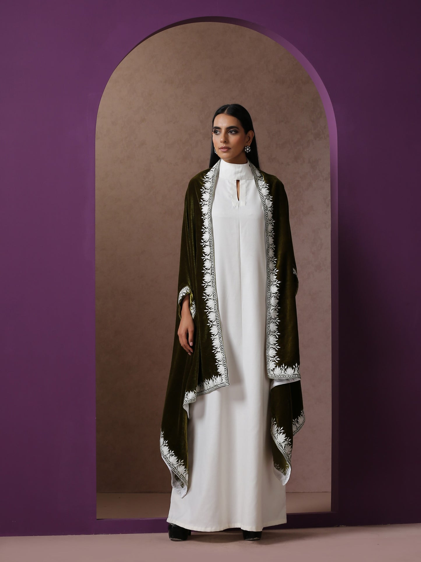 Makhmal White Dress with Green Cape