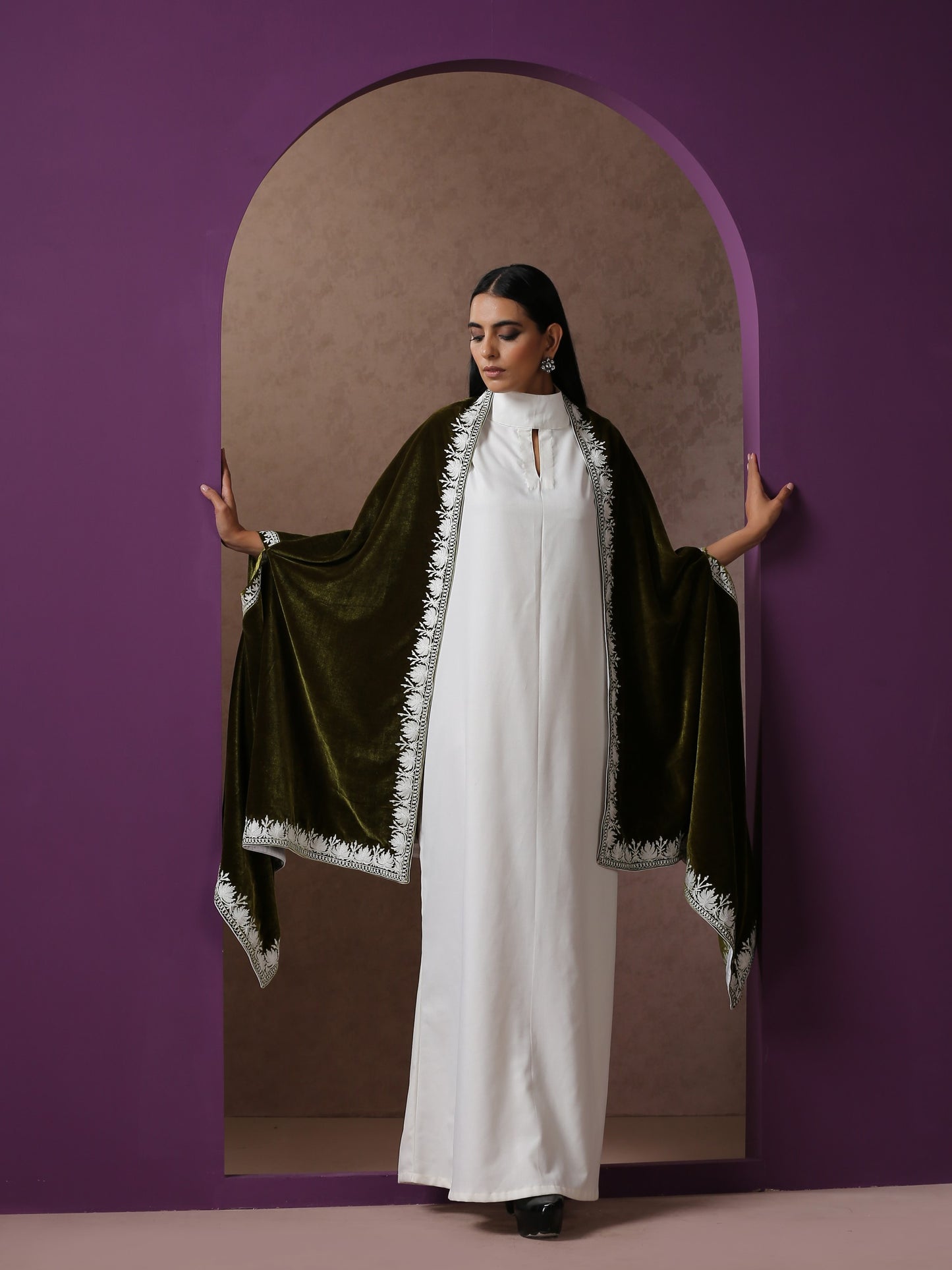Makhmal White Dress with Green Cape