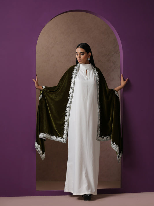 Makhmal White Dress with Green Cape