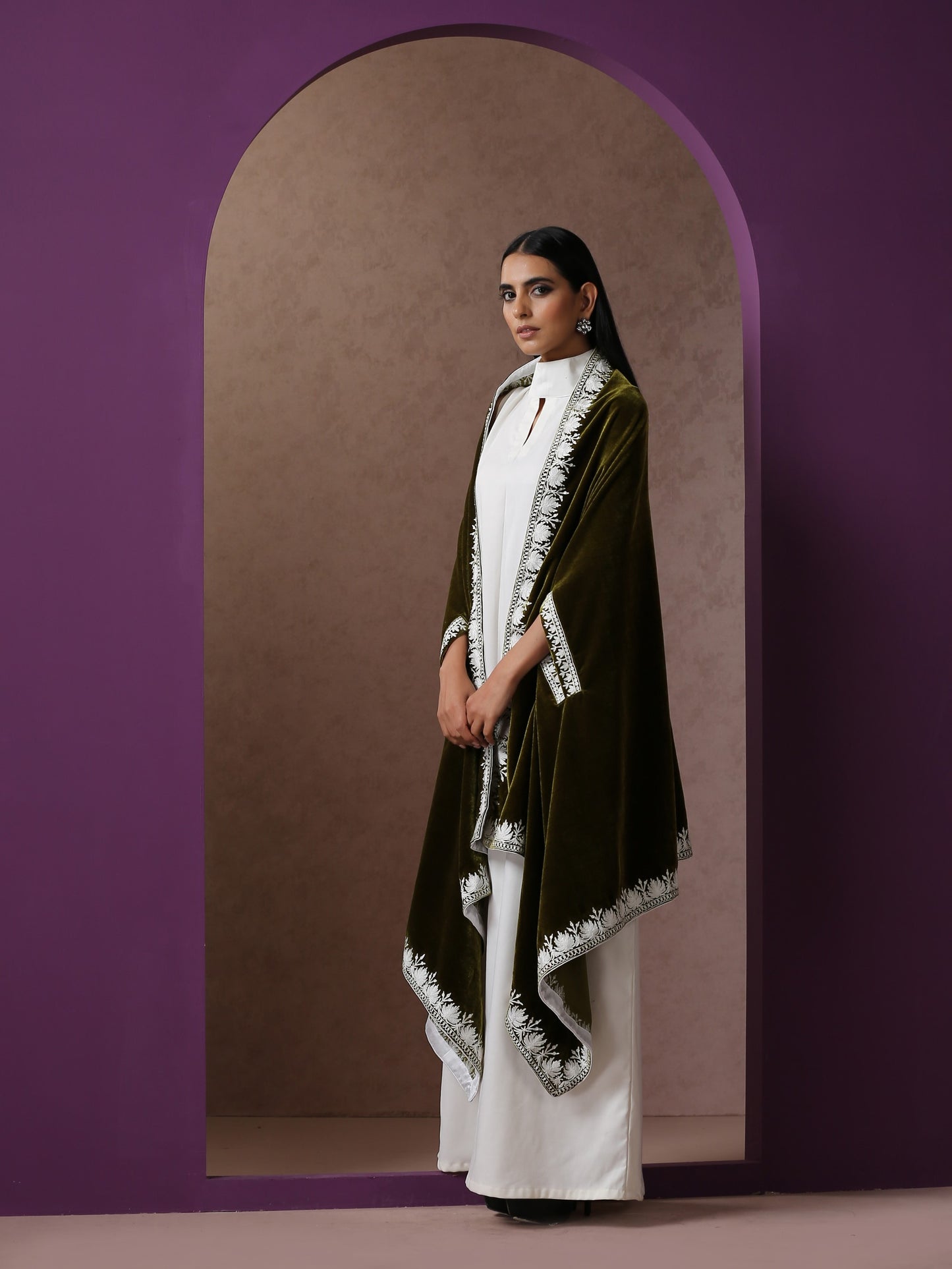 Makhmal White Dress with Green Cape
