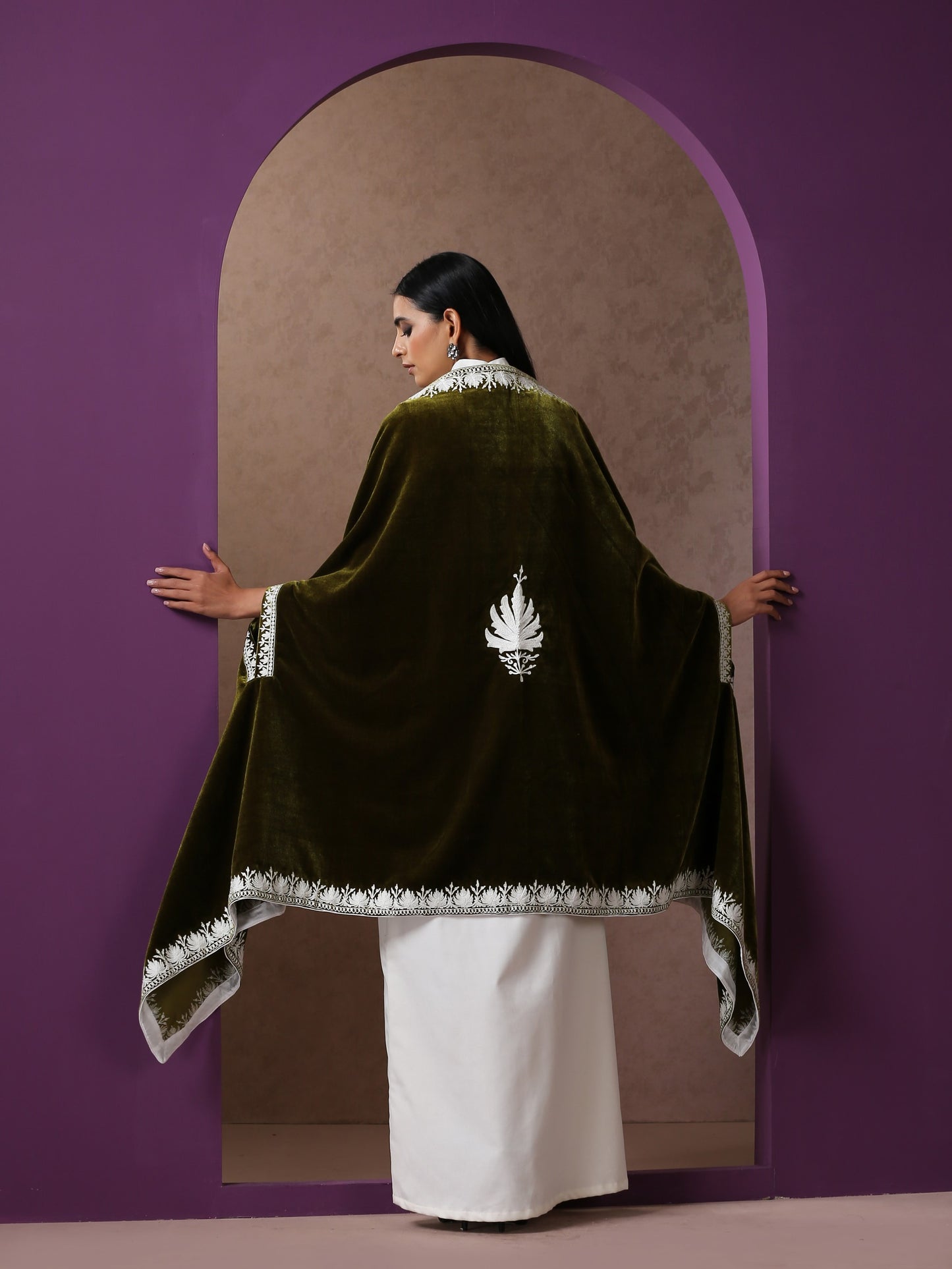 Makhmal White Dress with Green Cape