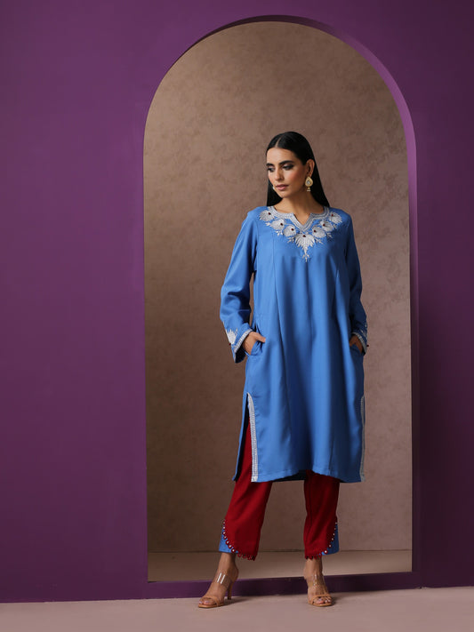 Makhmal English Blue Pheran Set