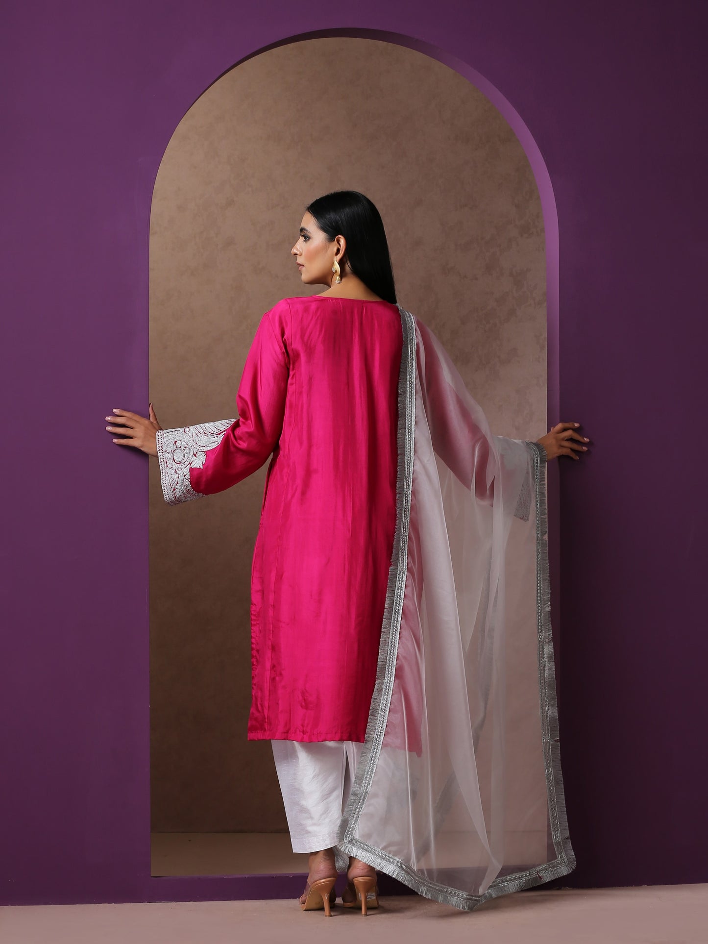 Jashn Hot Pink Silk Pheran Set