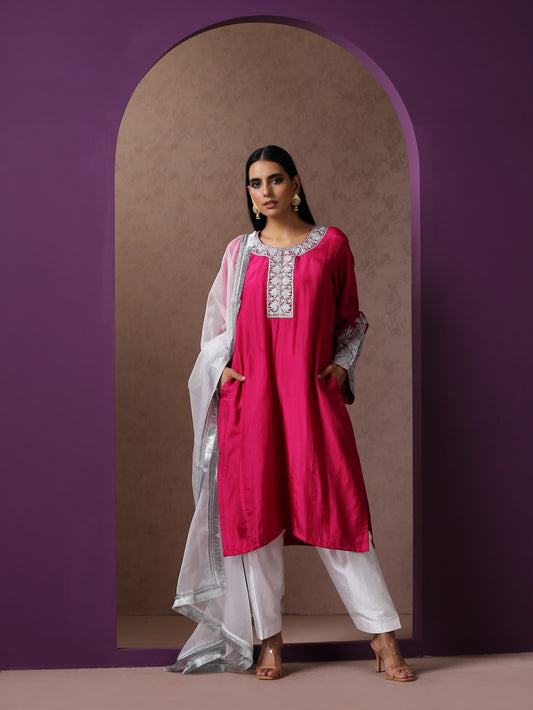 Jashn Hot Pink Silk Pheran Set