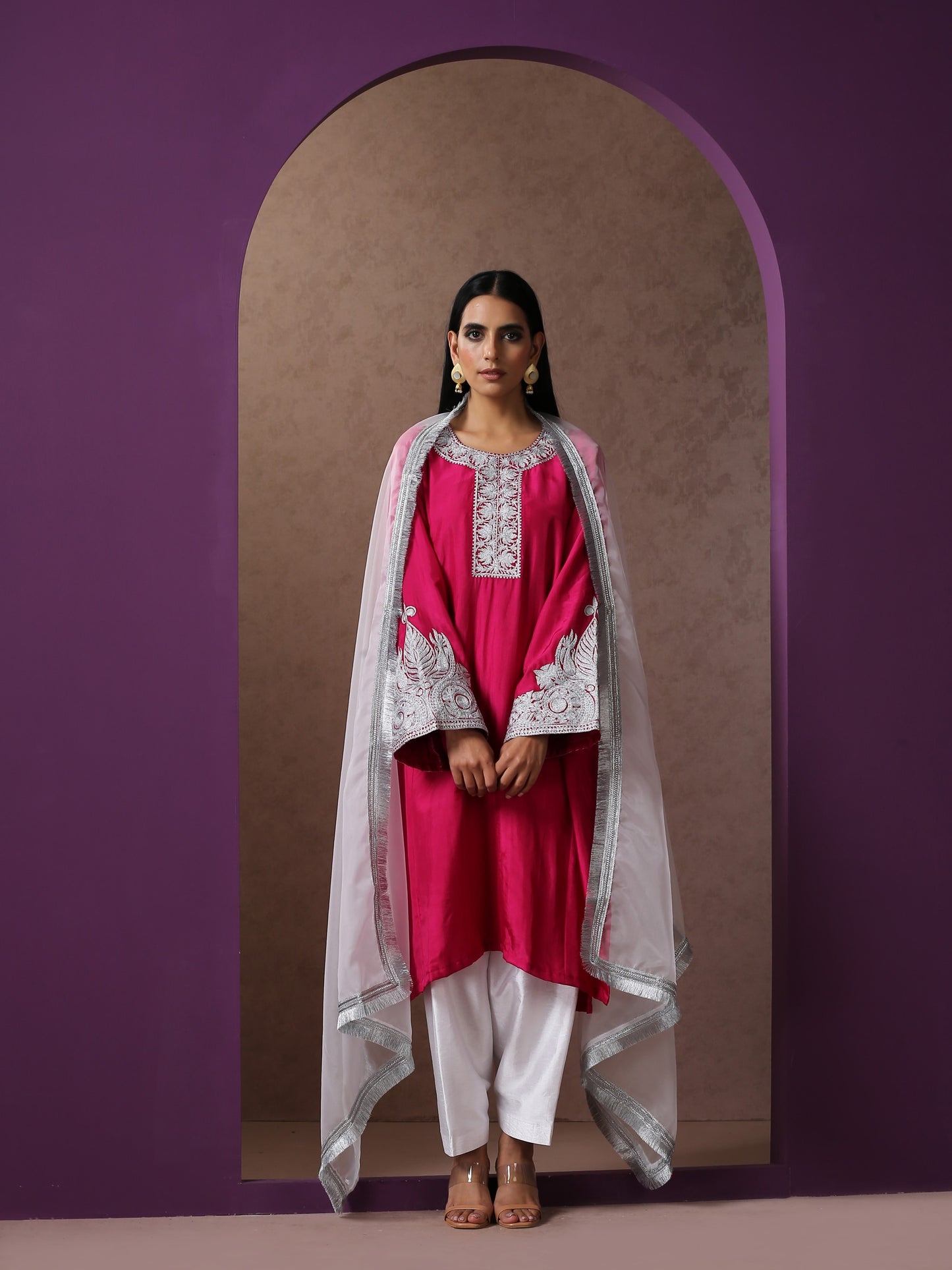Jashn Hot Pink Silk Pheran Set