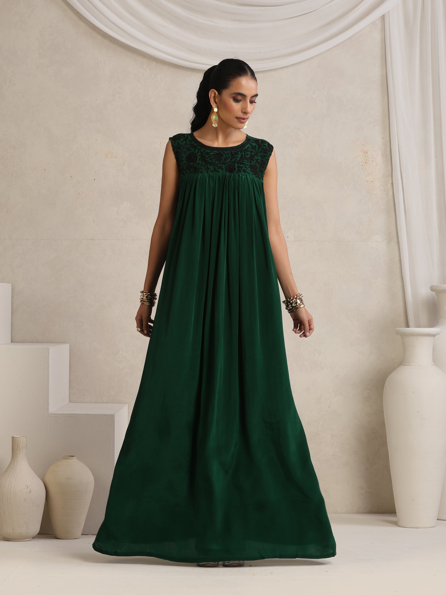 Afsana Bottle Green Cape Set