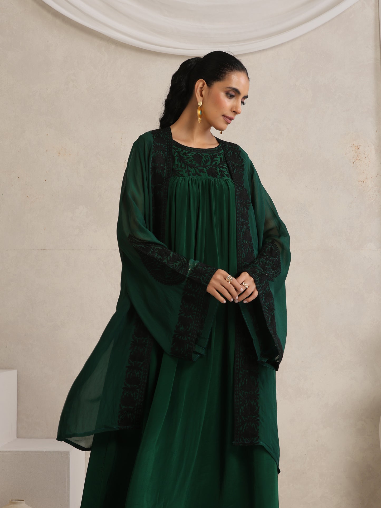 Afsana Bottle Green Cape Set