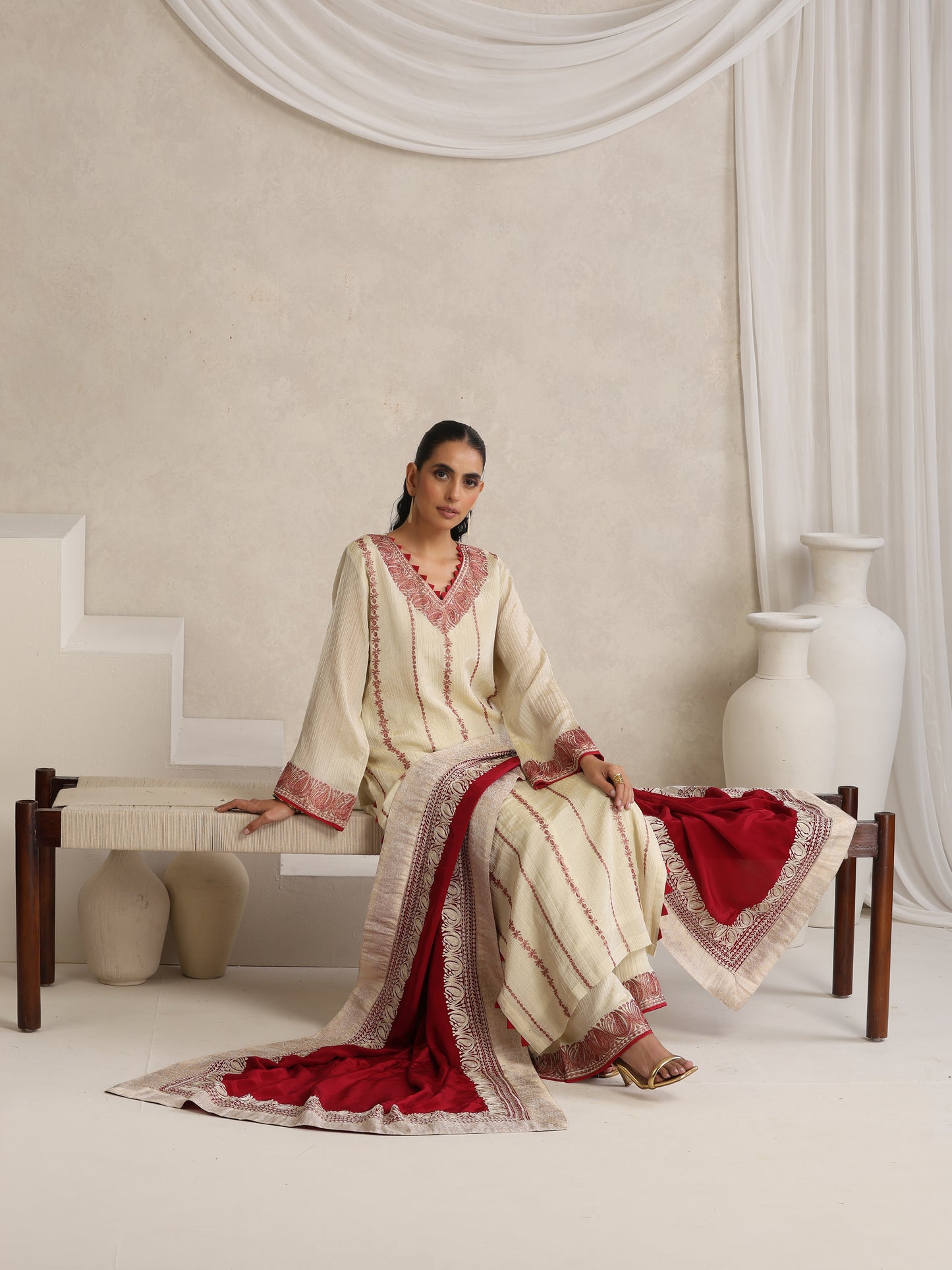 Afsana Cherry Red & Off-White Suit Set