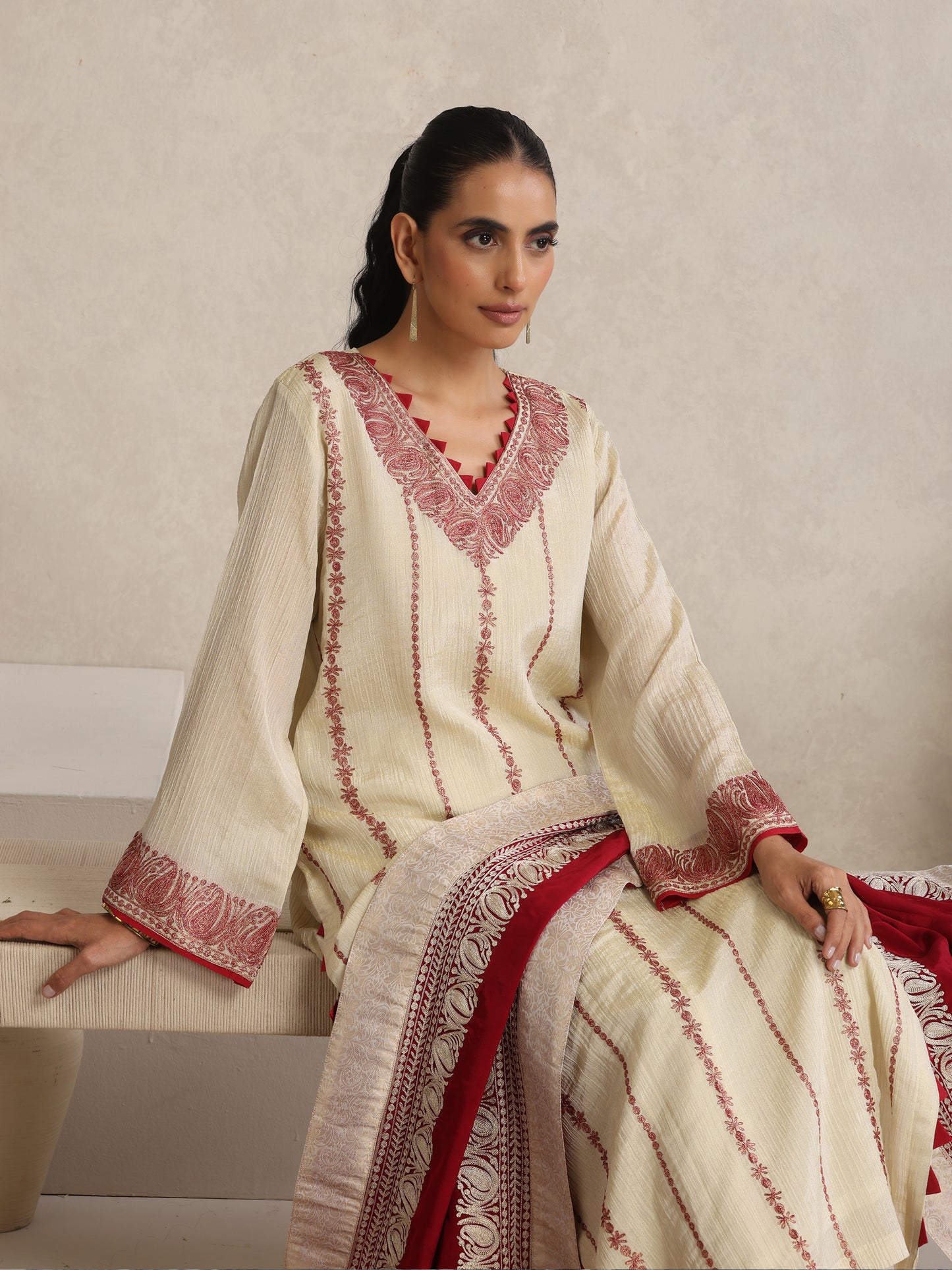 Afsana Cherry Red & Off-White Suit Set