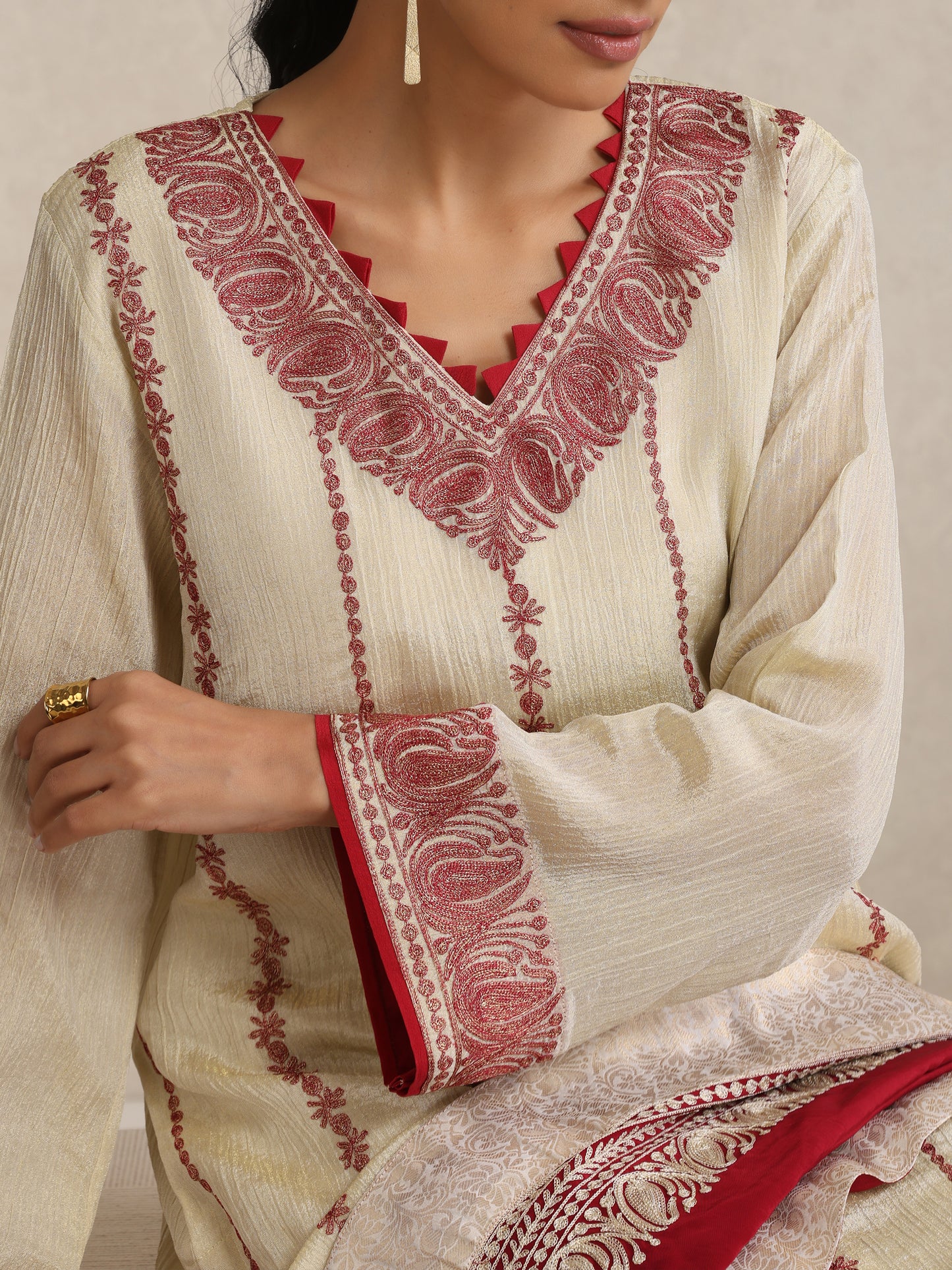 Afsana Cherry Red & Off-White Suit Set