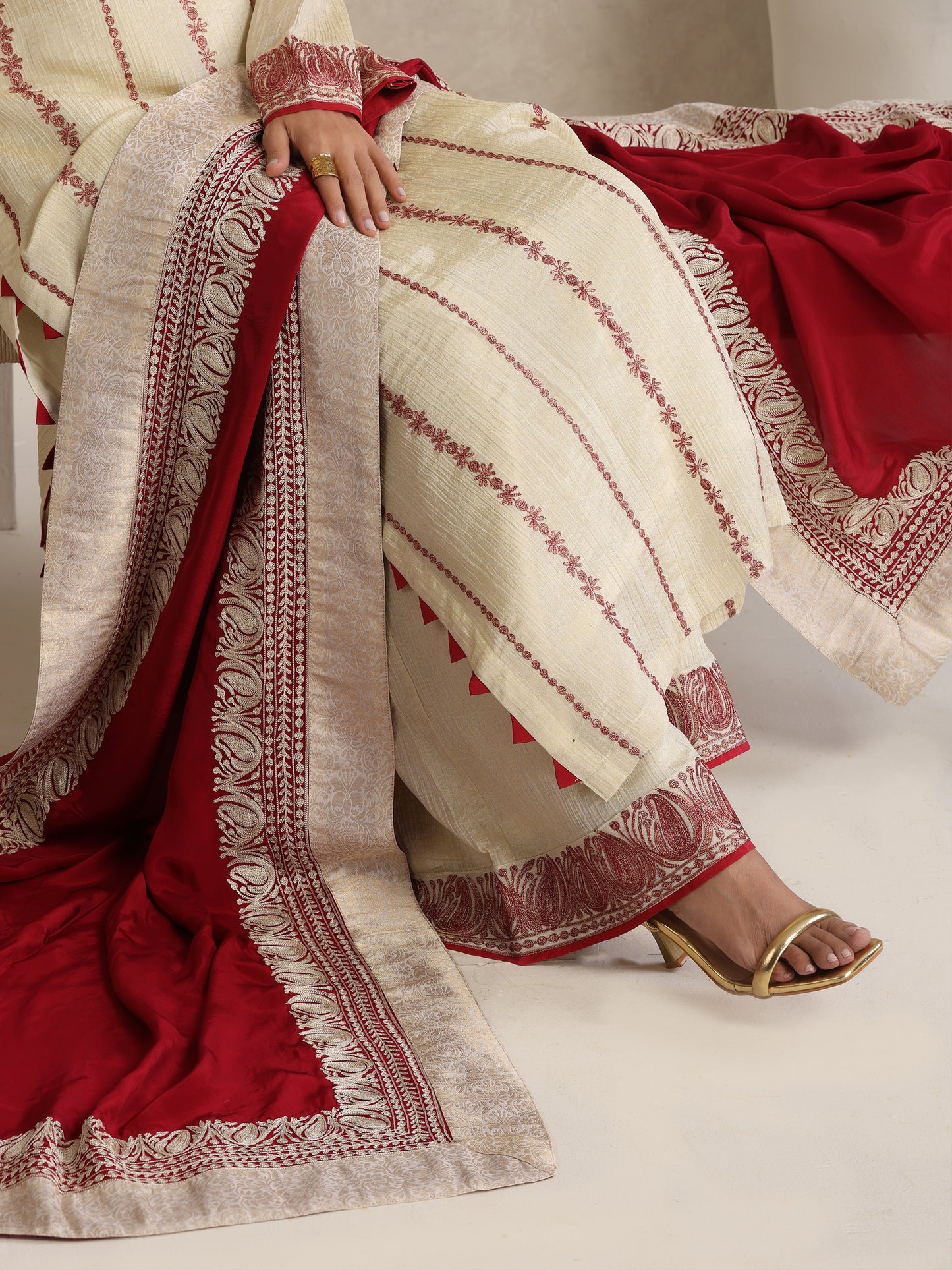 Afsana Cherry Red & Off-White Suit Set