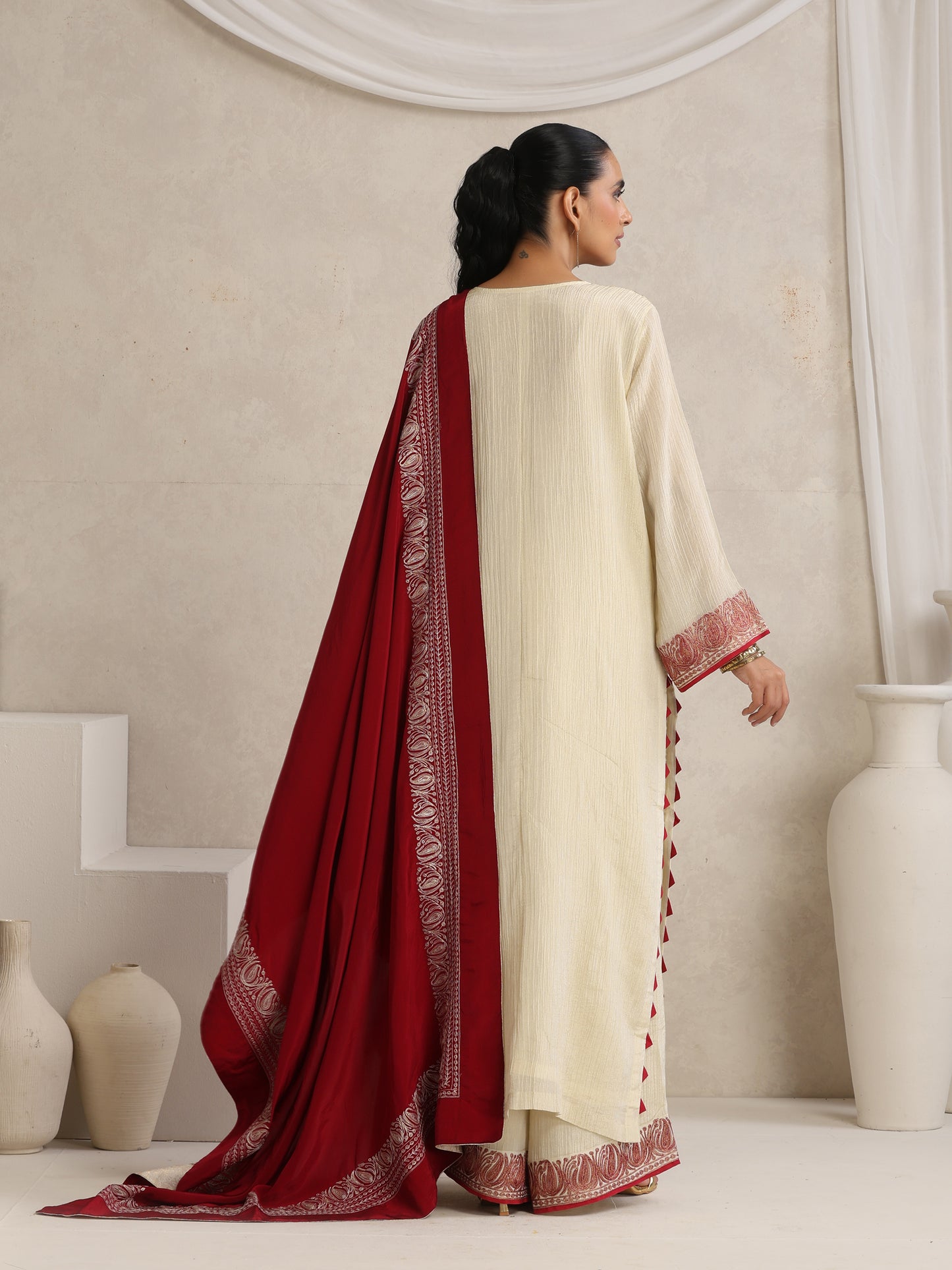 Afsana Cherry Red & Off-White Suit Set