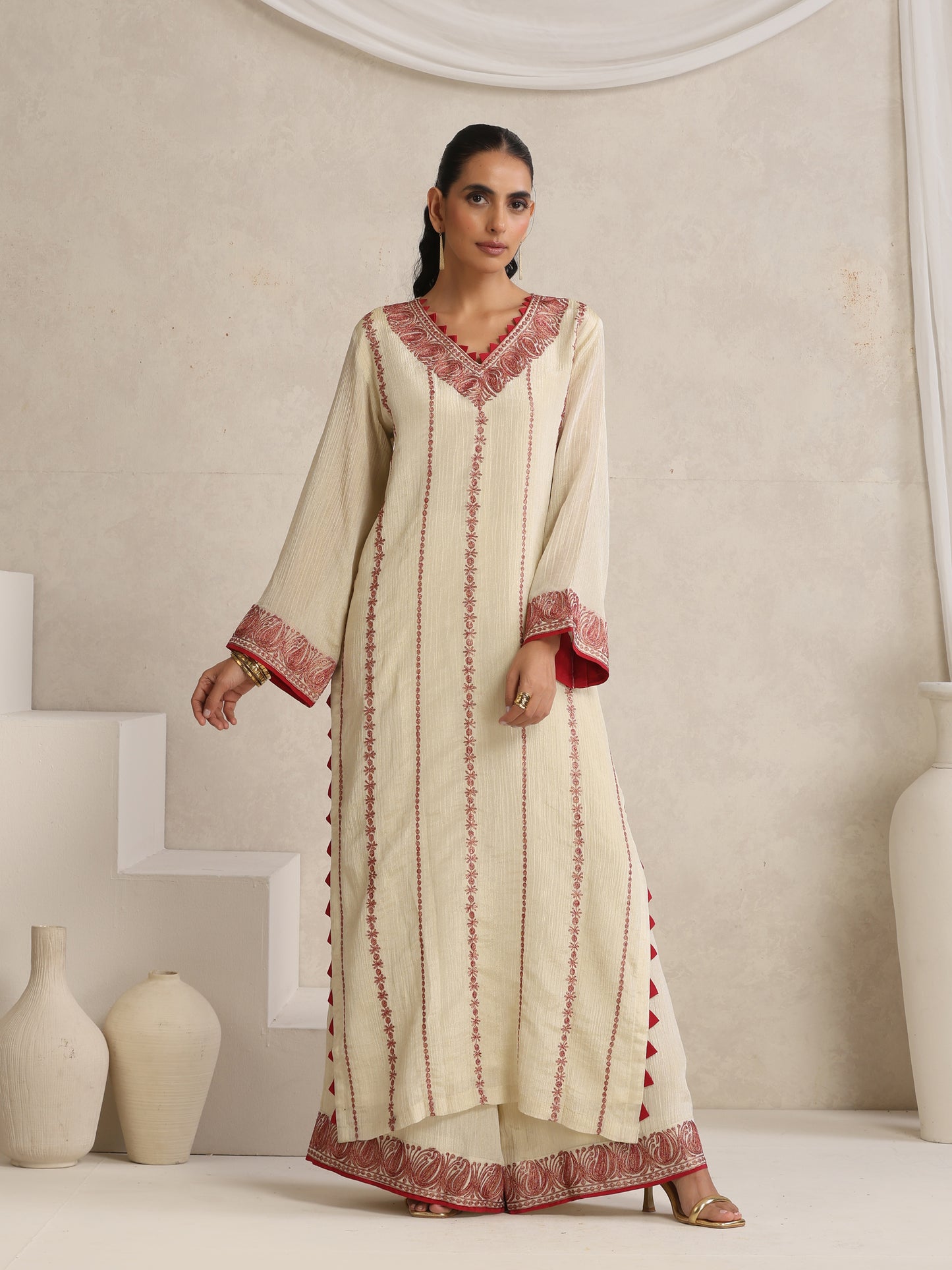 Afsana Cherry Red & Off-White Suit Set