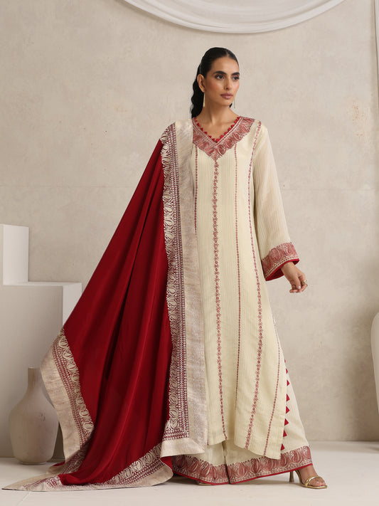 Afsana Cherry Red & Off-White Suit Set