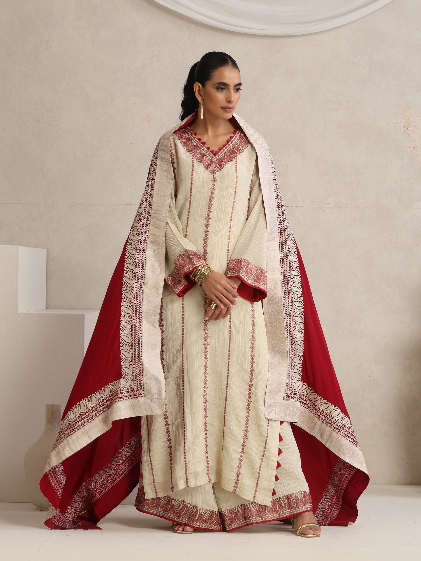 Afsana Cherry Red & Off-White Suit Set