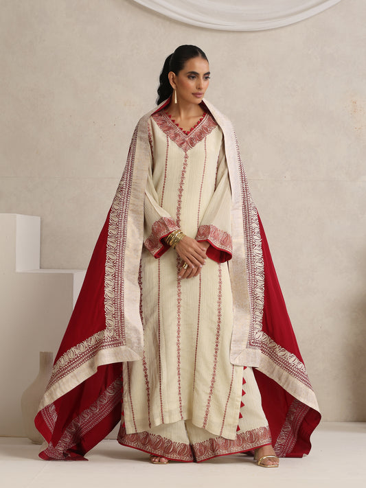 Afsana Cherry Red & Off-White Suit Set