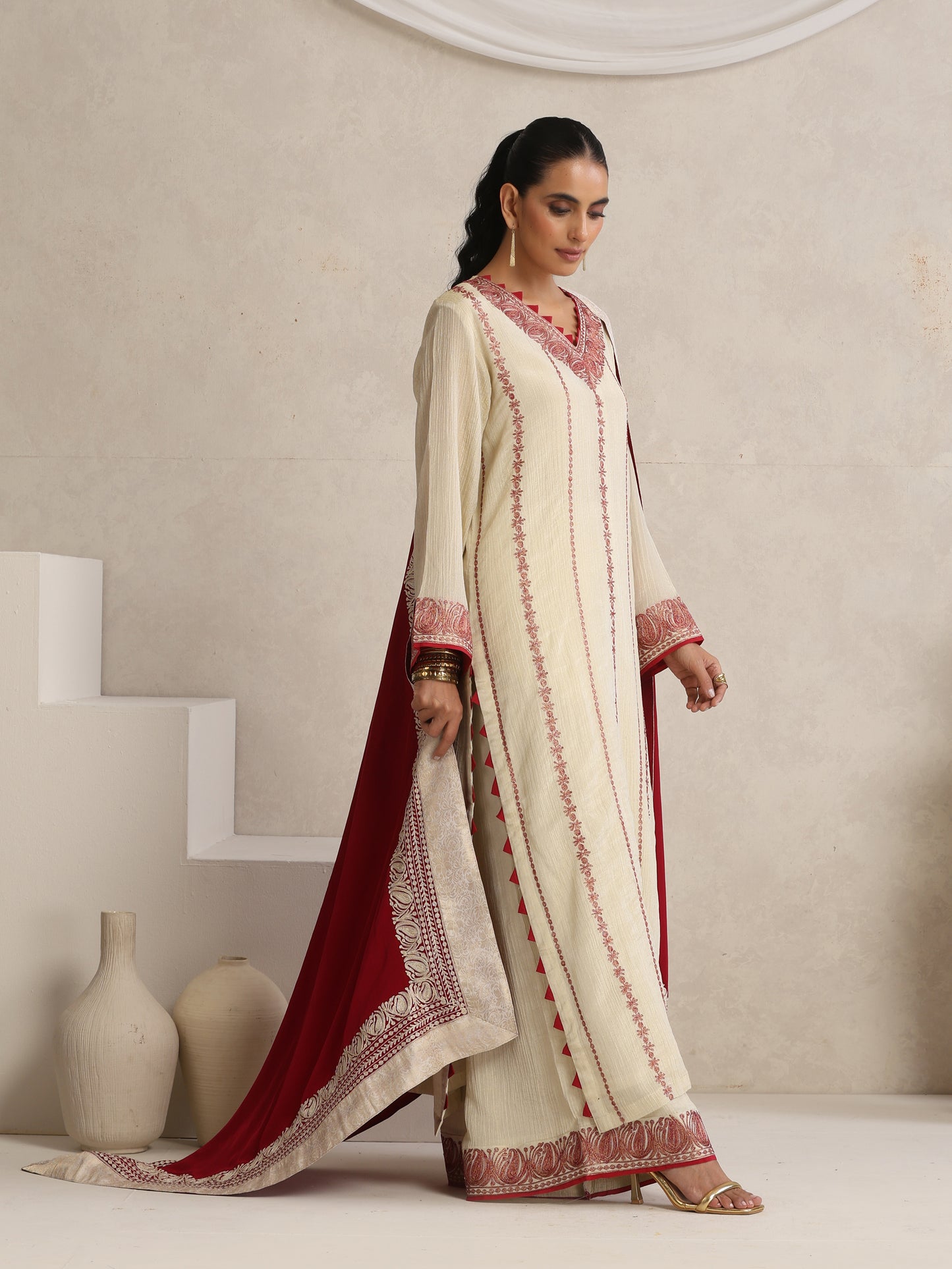 Afsana Cherry Red & Off-White Suit Set
