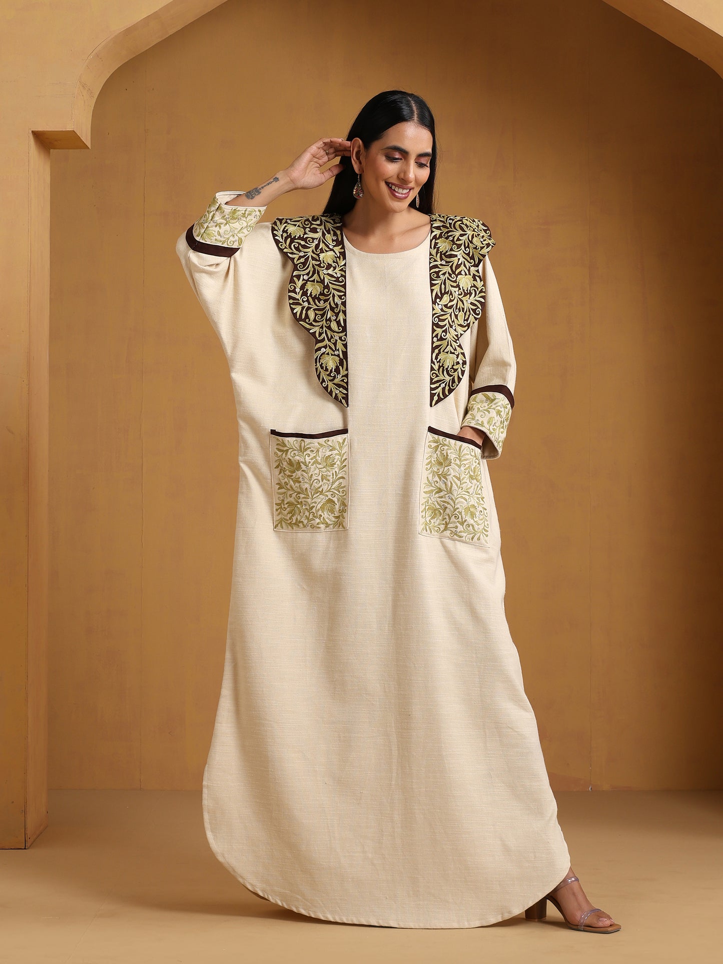 Sehar Off-White & Brown Abaya