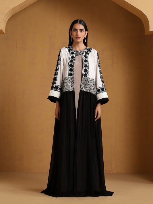 Sehar Beige & Black Georgette Abaya