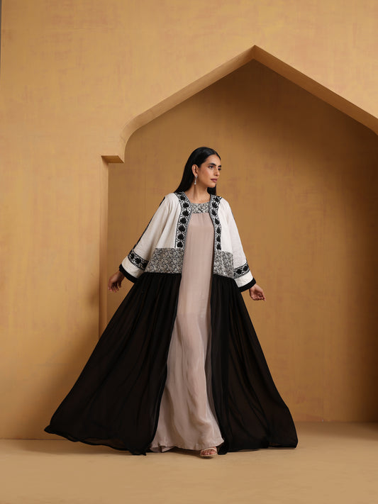 Sehar Beige & Black Georgette Abaya