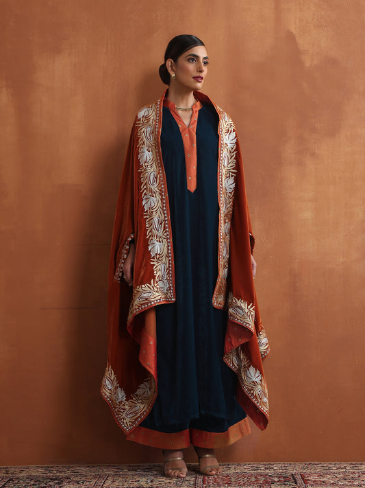 Nishat Rust & Teal Blue Cape Set