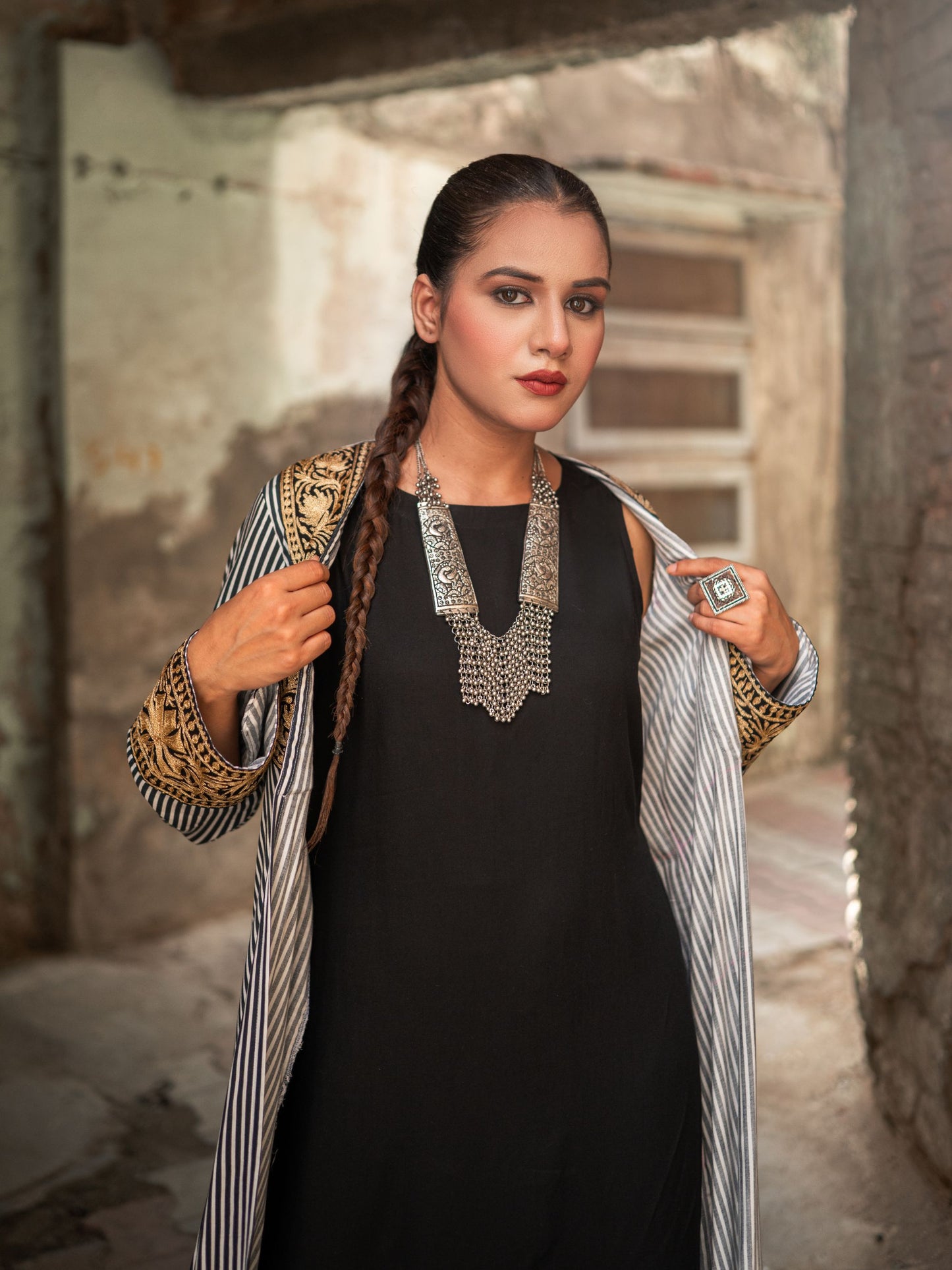 Ghazal Black Striped Cape Set