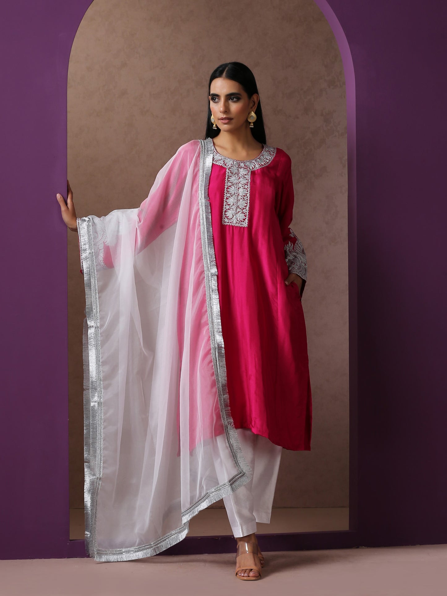 Jashn Hot Pink Silk Pheran Set