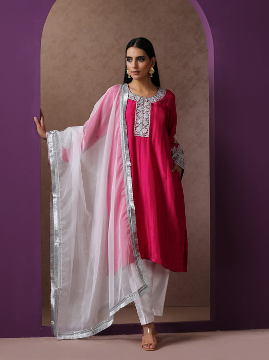 Jashn Hot Pink Silk Pheran Set