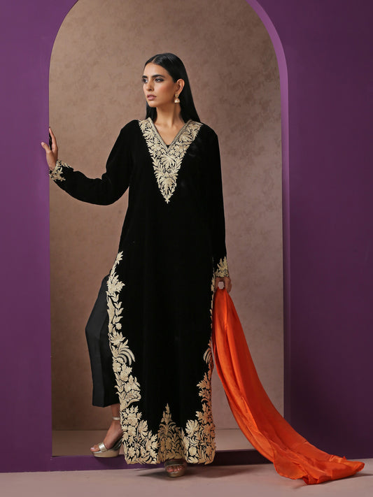 Makhmal Black Velvet Suit Set
