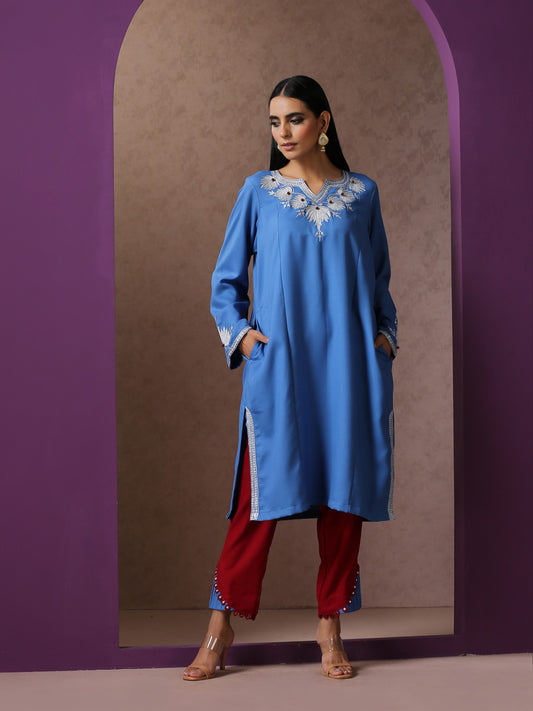 Makhmal English Blue Pheran Set