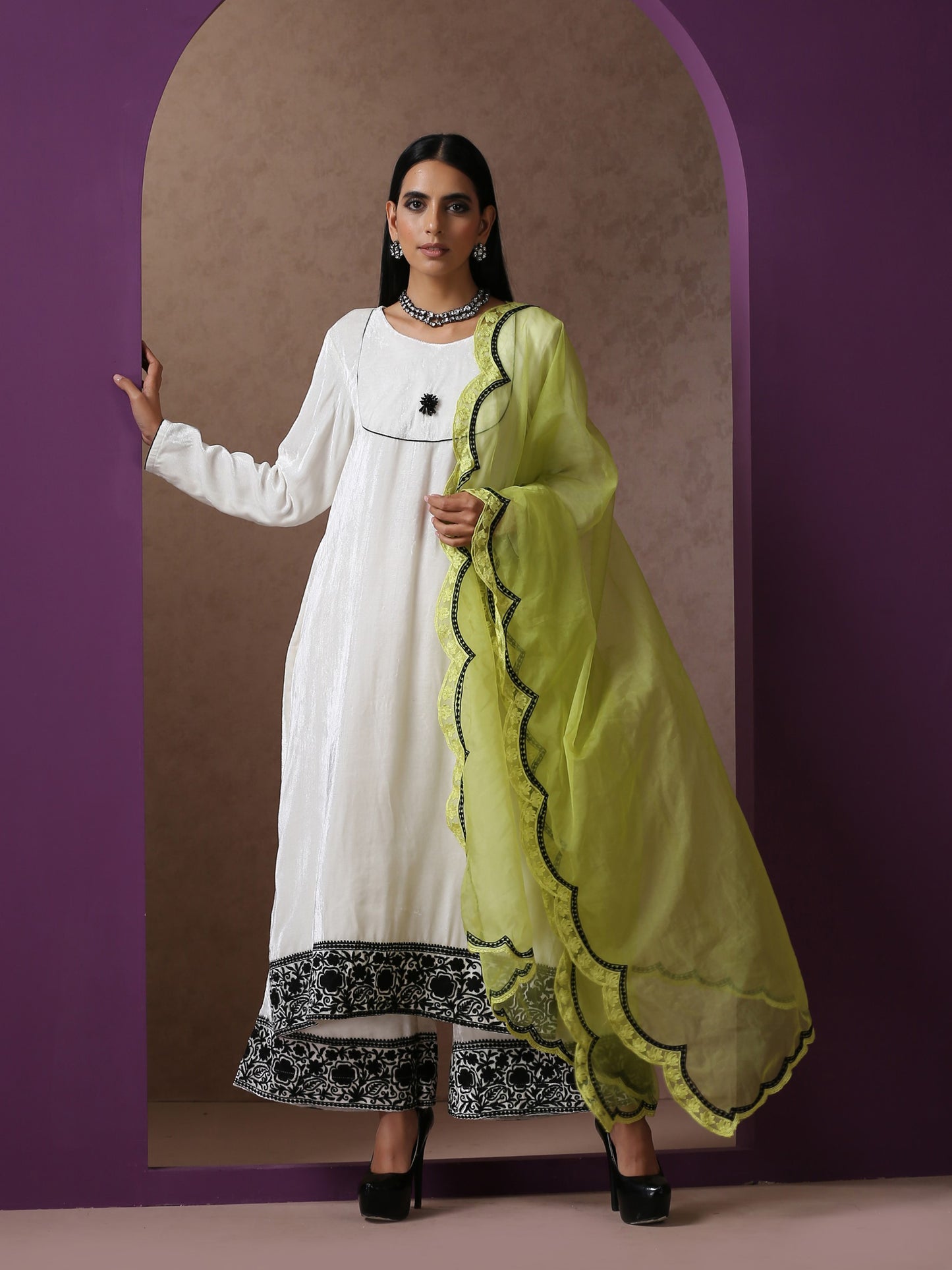 Makhmal Neon & White Suit Set