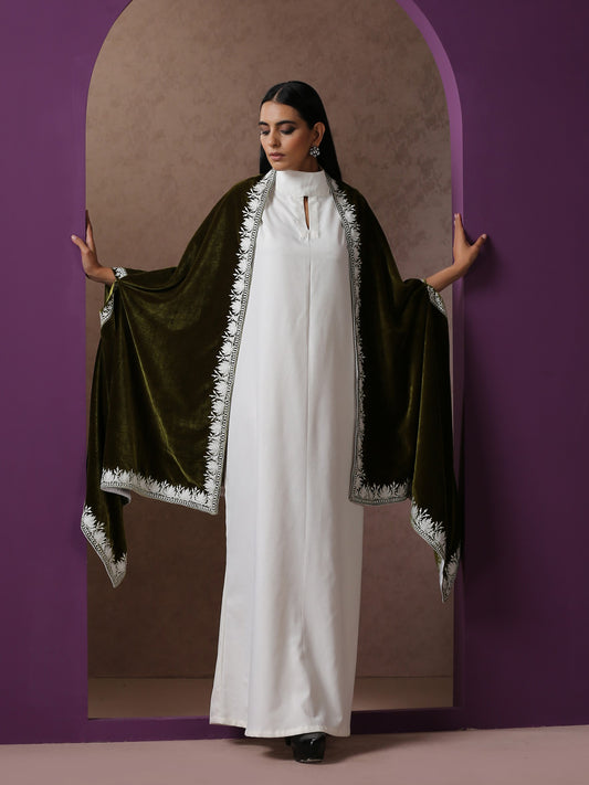 Makhmal White Dress with Green Cape