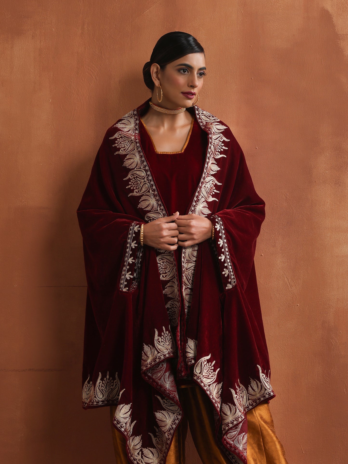 Nishat Maroon & Mustard Cape Set