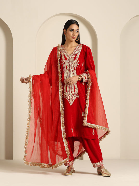 Sheen Red Velvet Salwar Suit Set