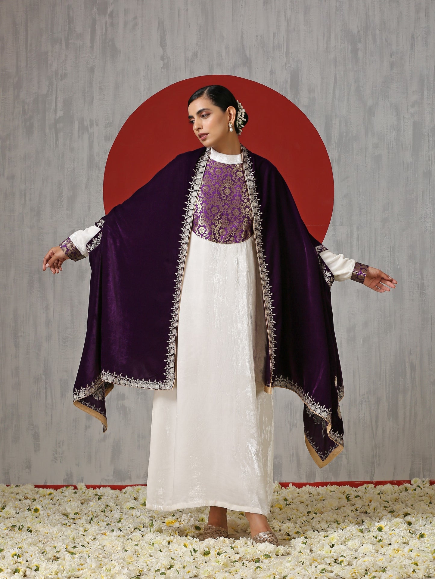 Makhmal White Dress with Purple Cape