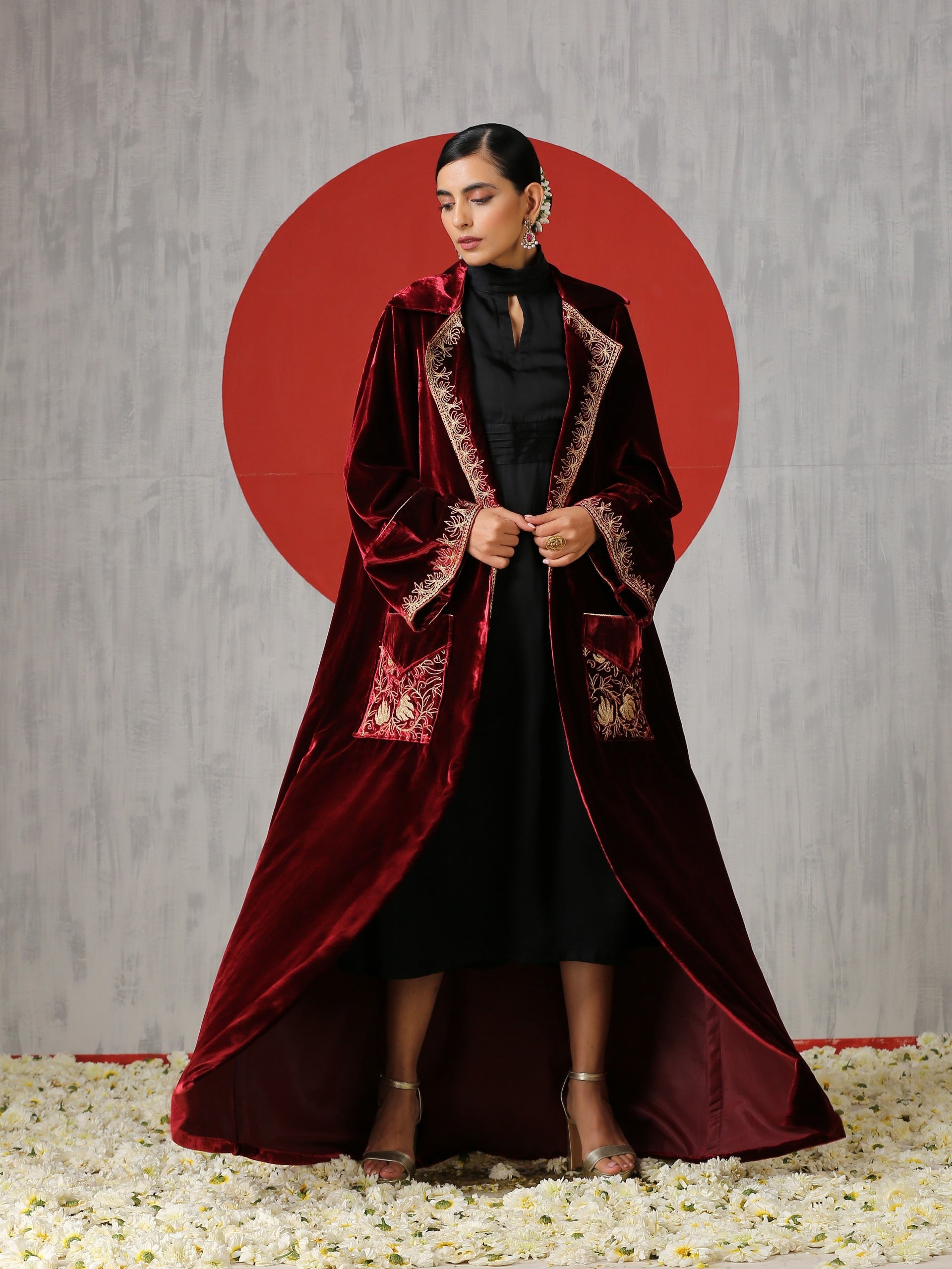 Makhmal Black Dress with Long Velvet Cape - Maroon / Silk