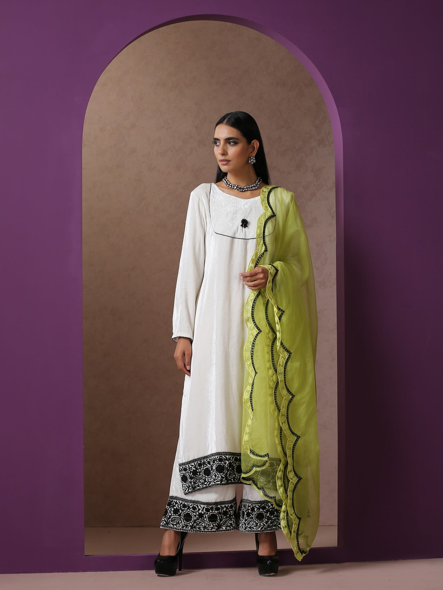 Makhmal Neon & White Suit Set