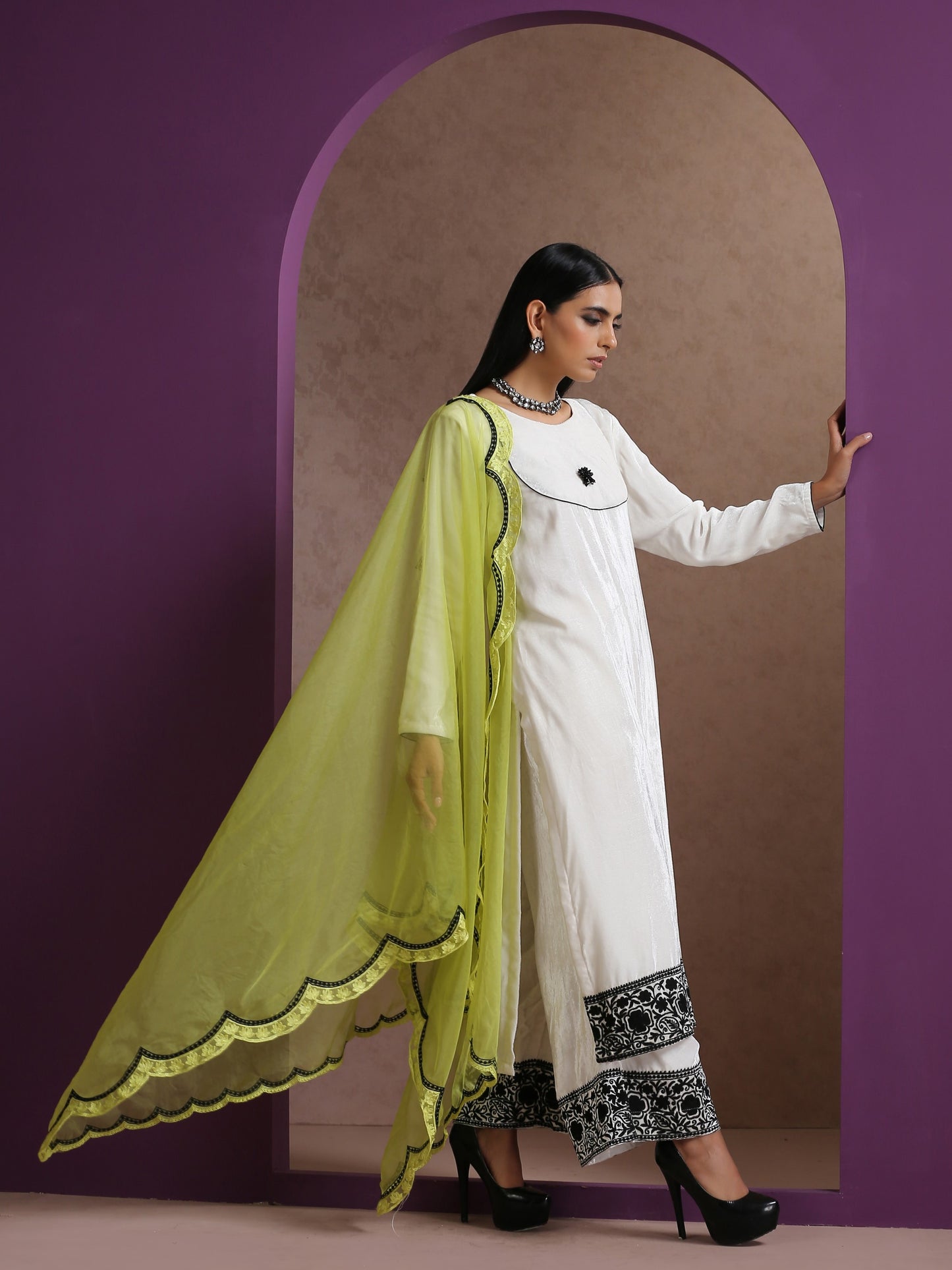 Makhmal Neon & White Suit Set