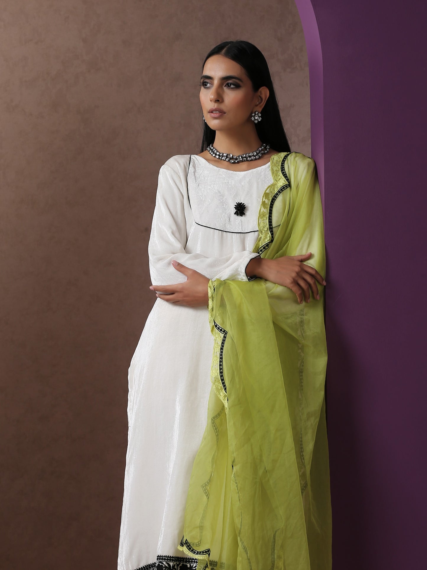 Makhmal Neon & White Suit Set