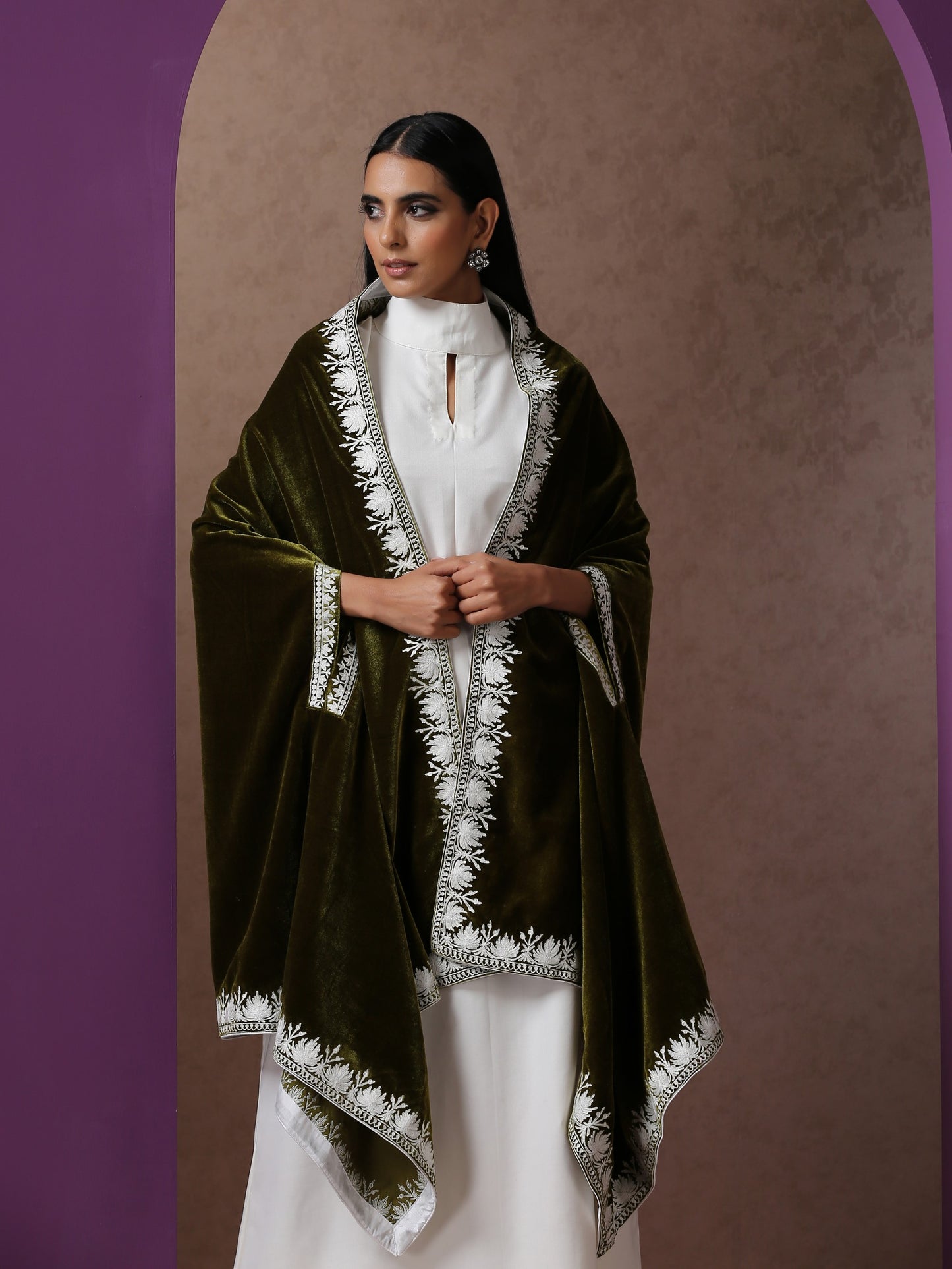 Makhmal White Dress with Green Cape