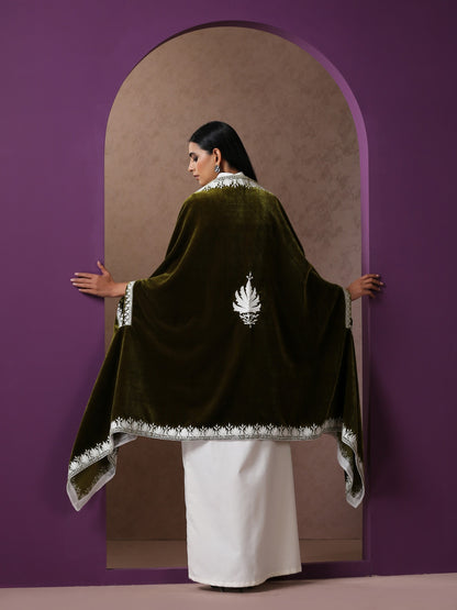 Makhmal White Dress with Green Cape
